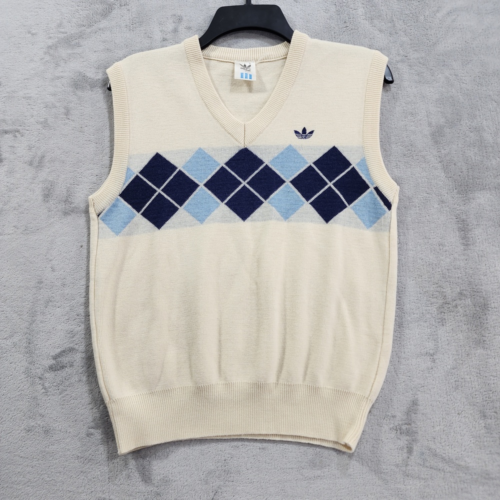 Vintage Adidas Sweater Vest Mens L Cream Blue Argyle Ventex Ivan Lendl Tennis